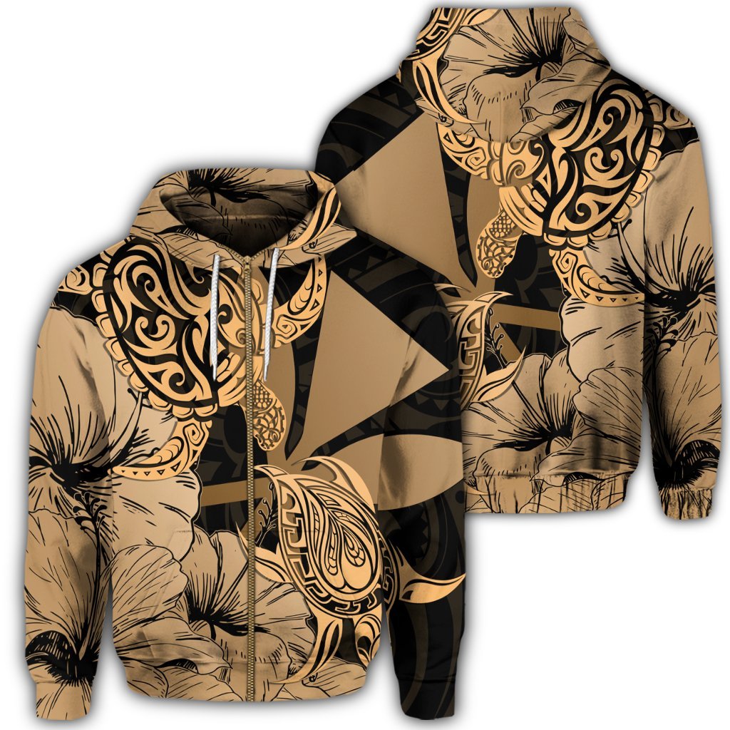 Hawaii Turtle Zip Hoodie Polynesian Hibiscus Art Ver 2.0 Gold Unisex Art - Polynesian Pride
