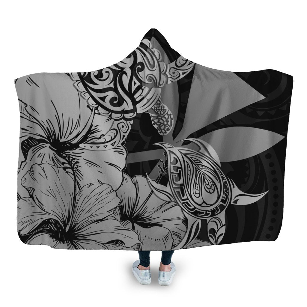 Hawaii Turtle Hooded Blanket Polynesian Hibiscus Art Ver 2.0 Gray - AH Hooded Blanket White - Polynesian Pride