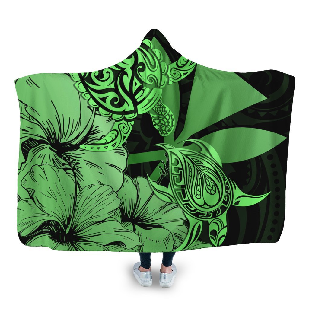 Hawaii Turtle Hooded Blanket Polynesian Hibiscus Art Ver 2.0 Green - AH Hooded Blanket White - Polynesian Pride