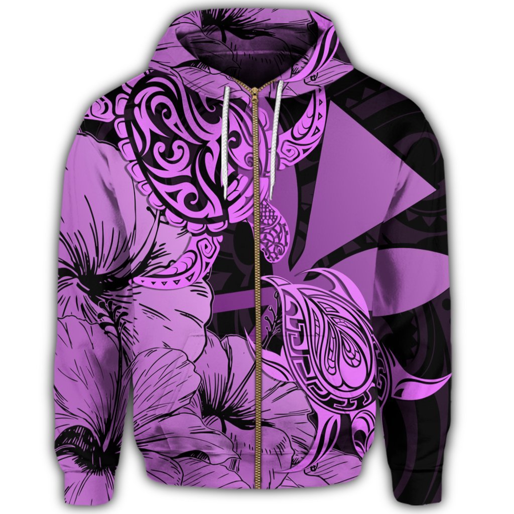 Hawaii Turtle Zip Hoodie Polynesian Hibiscus Art Ver 2.0 Pink - Polynesian Pride