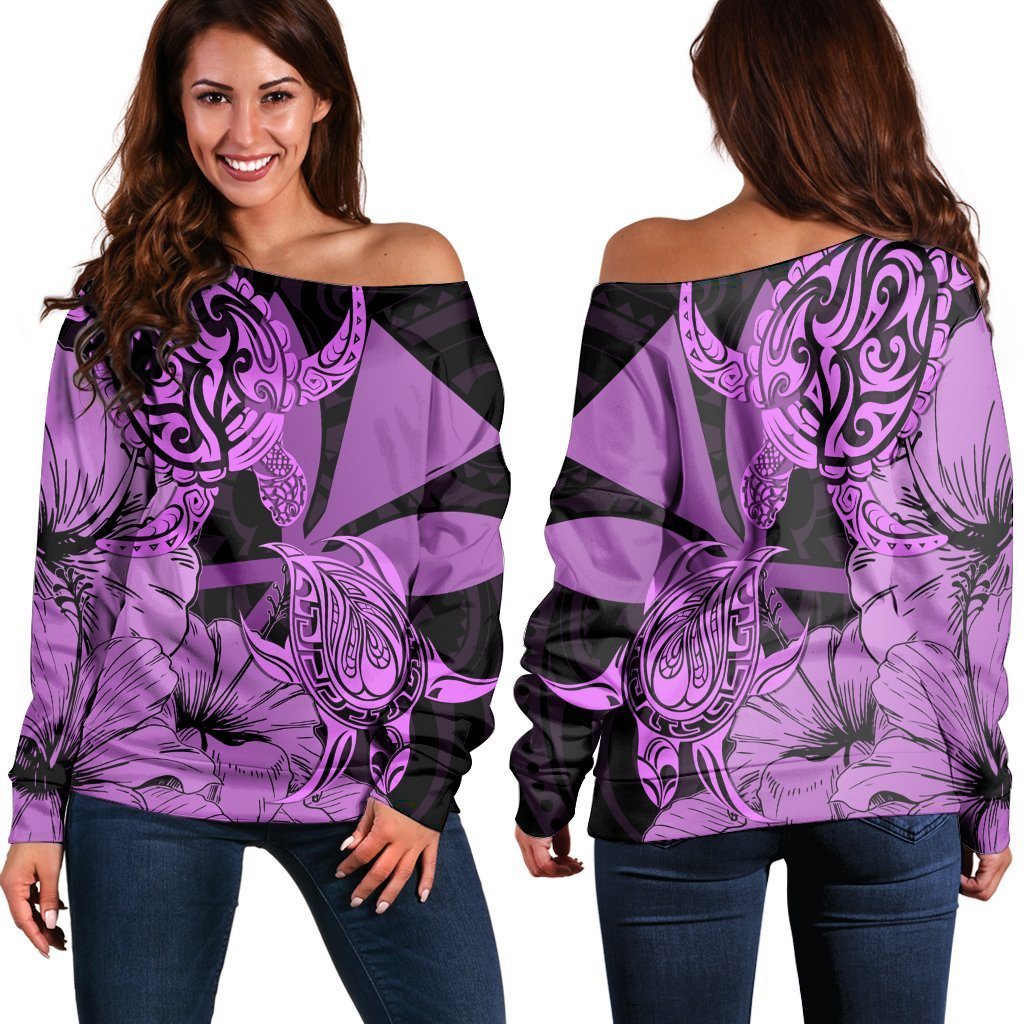 Hawaii Turtle Women's Off Shoulder Sweater Polynesian Hibiscus Art Ver 2.0 Pink - AH Black - Polynesian Pride