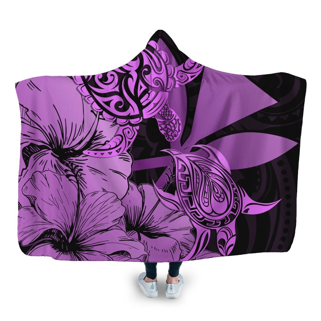 Hawaii Turtle Hooded Blanket Polynesian Hibiscus Art Ver 2.0 Pink - AH Hooded Blanket White - Polynesian Pride