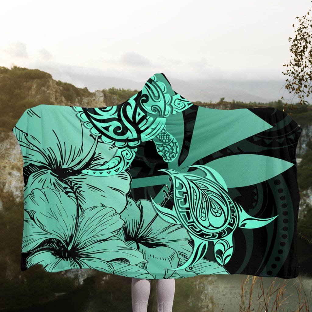 Hawaii Turtle Hooded Blanket Polynesian Hibiscus Art Ver 2.0 Turquoise - AH - Polynesian Pride
