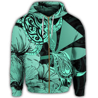 Hawaii Turtle Zip Hoodie Polynesian Hibiscus Art Ver 2.0 Turquoise - Polynesian Pride