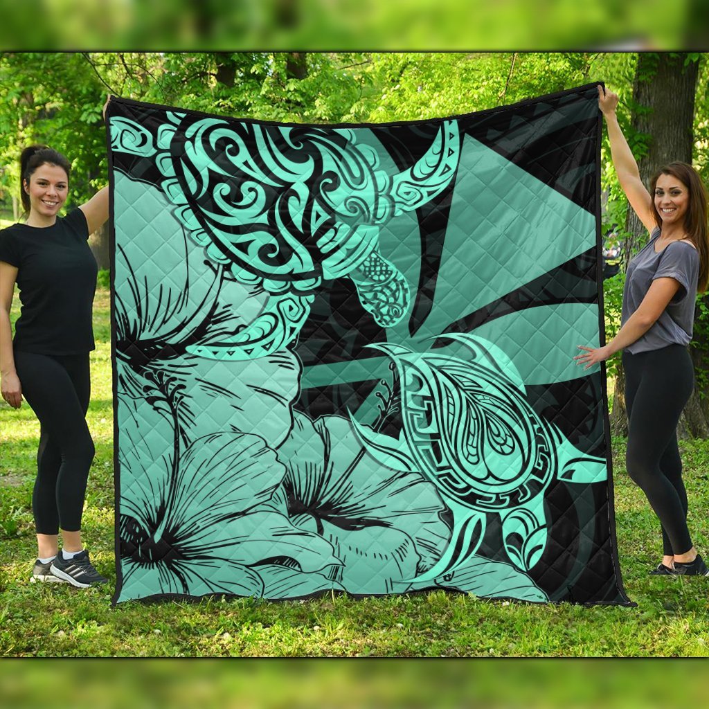 Hawaii Turtle Premium Quilts Polynesian Hibiscus Art Ver 2.0 Turquoise - AH Black - Polynesian Pride