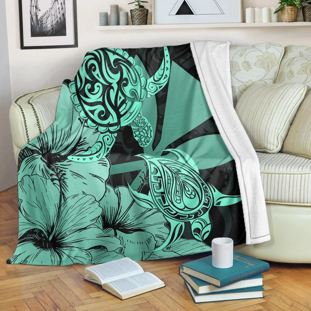 Hawaii Turtle Premium Blankets Polynesian Hibiscus Art Ver 2.0 Turquoise - AH White - Polynesian Pride