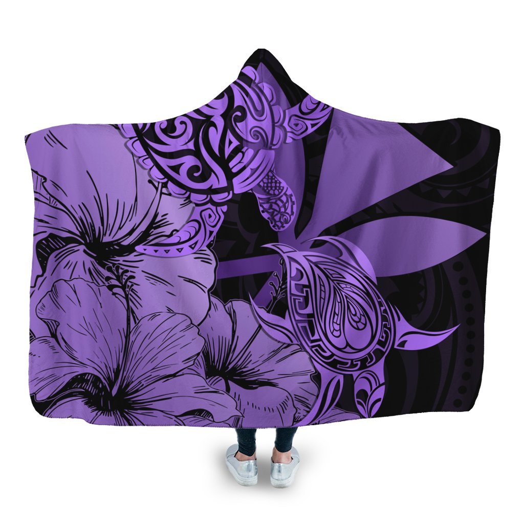 Hawaii Turtle Hooded Blanket Polynesian Hibiscus Art Ver 2.0 Violet - AH Hooded Blanket White - Polynesian Pride