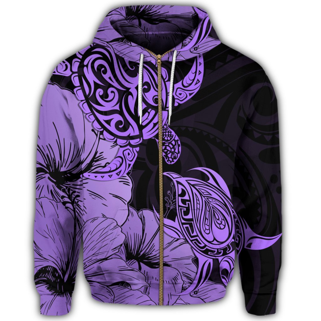 Hawaii Turtle Zip Hoodie Polynesian Hibiscus Art Violet - Polynesian Pride