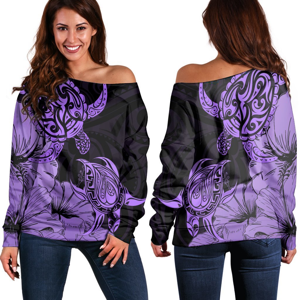 Hawaii Turtle Women's Off Shoulder Sweater Polynesian Hibiscus Art Violet - AH Black - Polynesian Pride