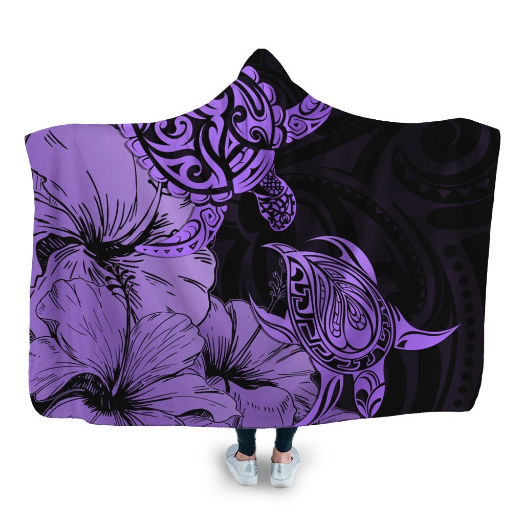 Hawaii Turtle Hooded Blanket Polynesian Hibiscus Art Violet - AH Hooded Blanket White - Polynesian Pride