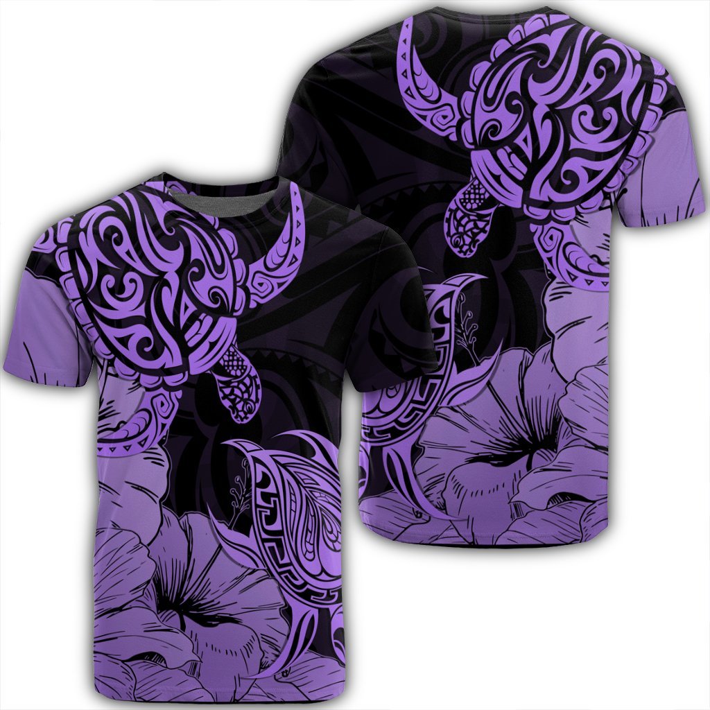 Hawaii Turtle T Shirt Polynesian Hibiscus Art Violet Unisex Black - Polynesian Pride