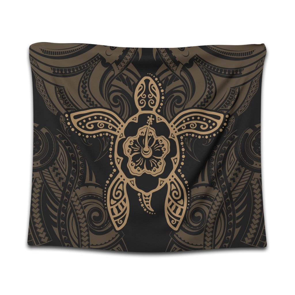 Hawaii Turtle Fixed Gold Tapestry AH Wall Tapestry Black - Polynesian Pride