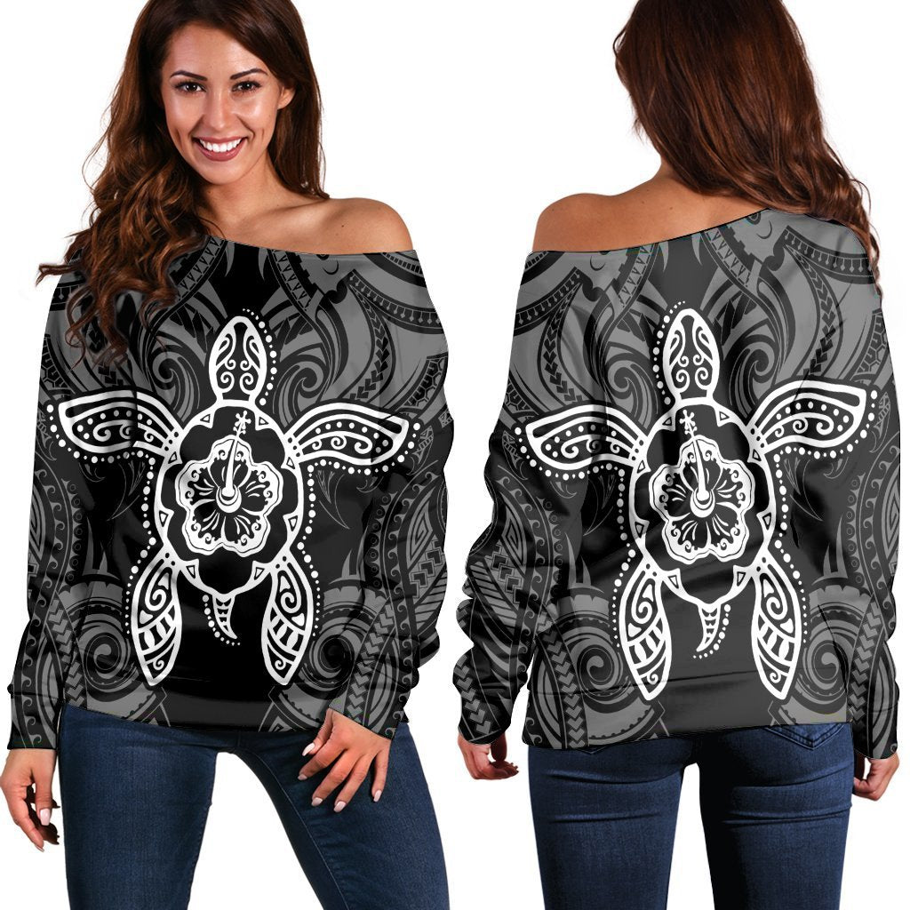 Hawaii Turtle Fixed White Women's Off Shoulder Sweater AH Black - Polynesian Pride