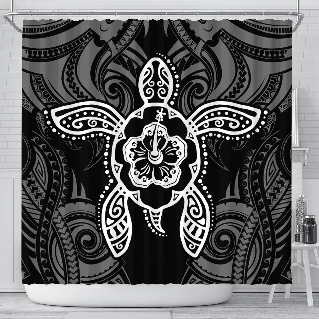 Hawaii Turtle Fixed White Shower Curtain AH 177 x 172 (cm) Black - Polynesian Pride