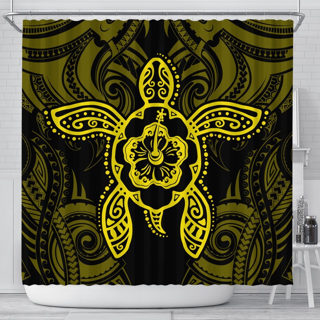 Hawaii Turtle Fixed Yellow Shower Curtain AH 177 x 172 (cm) Black - Polynesian Pride