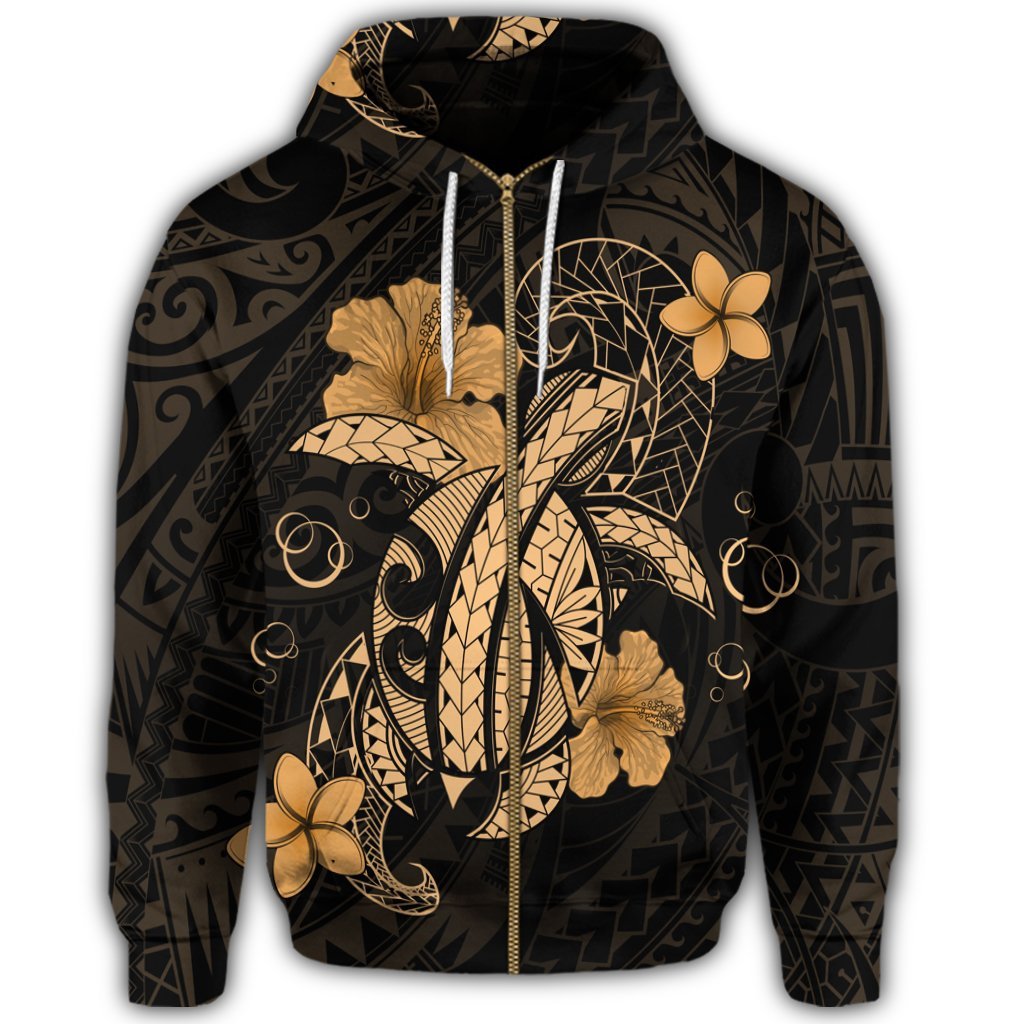 Hawaii Turtle Flower Polynesian Zip Hoodie Gold - Polynesian Pride