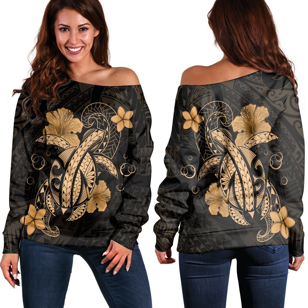 Hawaii Turtle Flower Polynesian Women's Off Shoulder Sweater - Gold - AH Black - Polynesian Pride