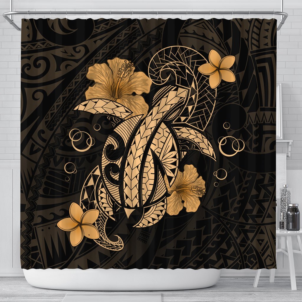 Hawaii Turtle Flower Polynesian Shower Curtain - Gold - AH 177 x 172 (cm) Black - Polynesian Pride