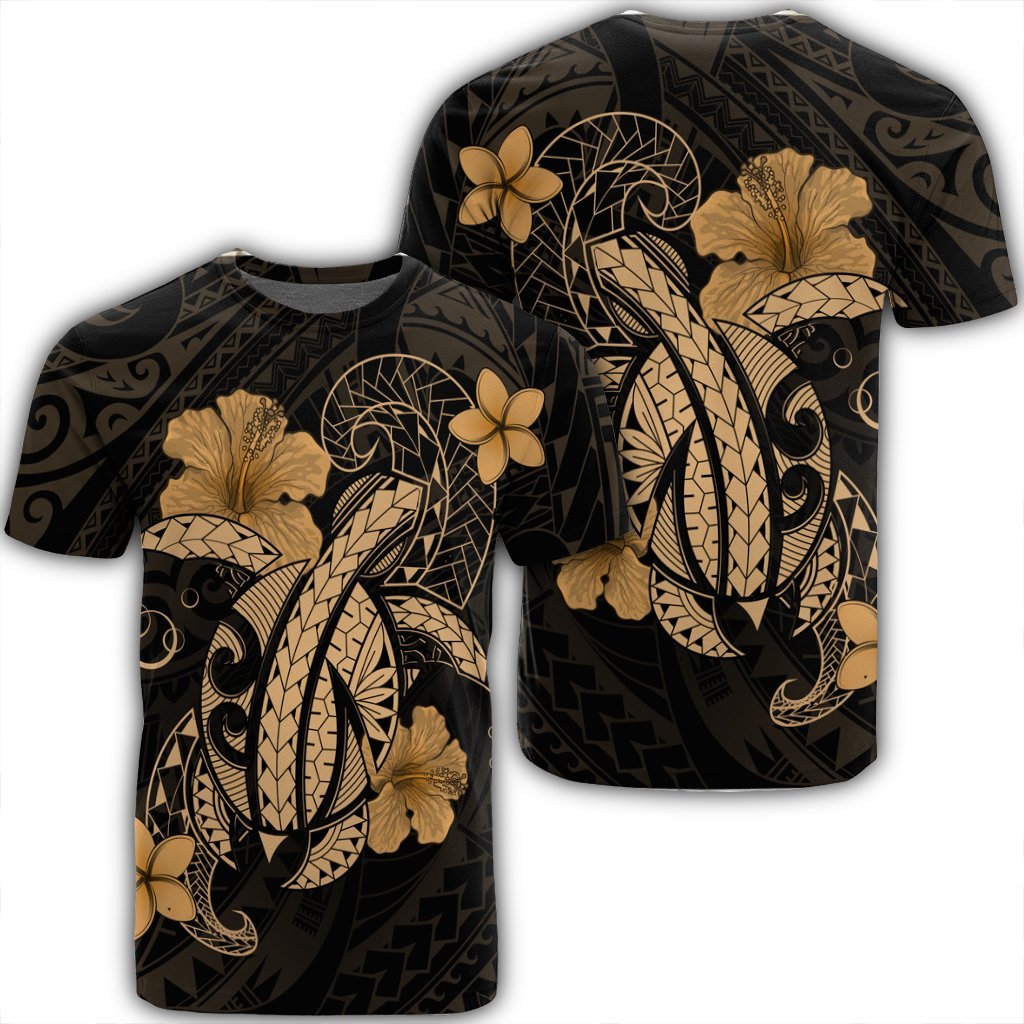 Hawaii Turtle Flower Polynesian T Shirt Gold Unisex Black - Polynesian Pride