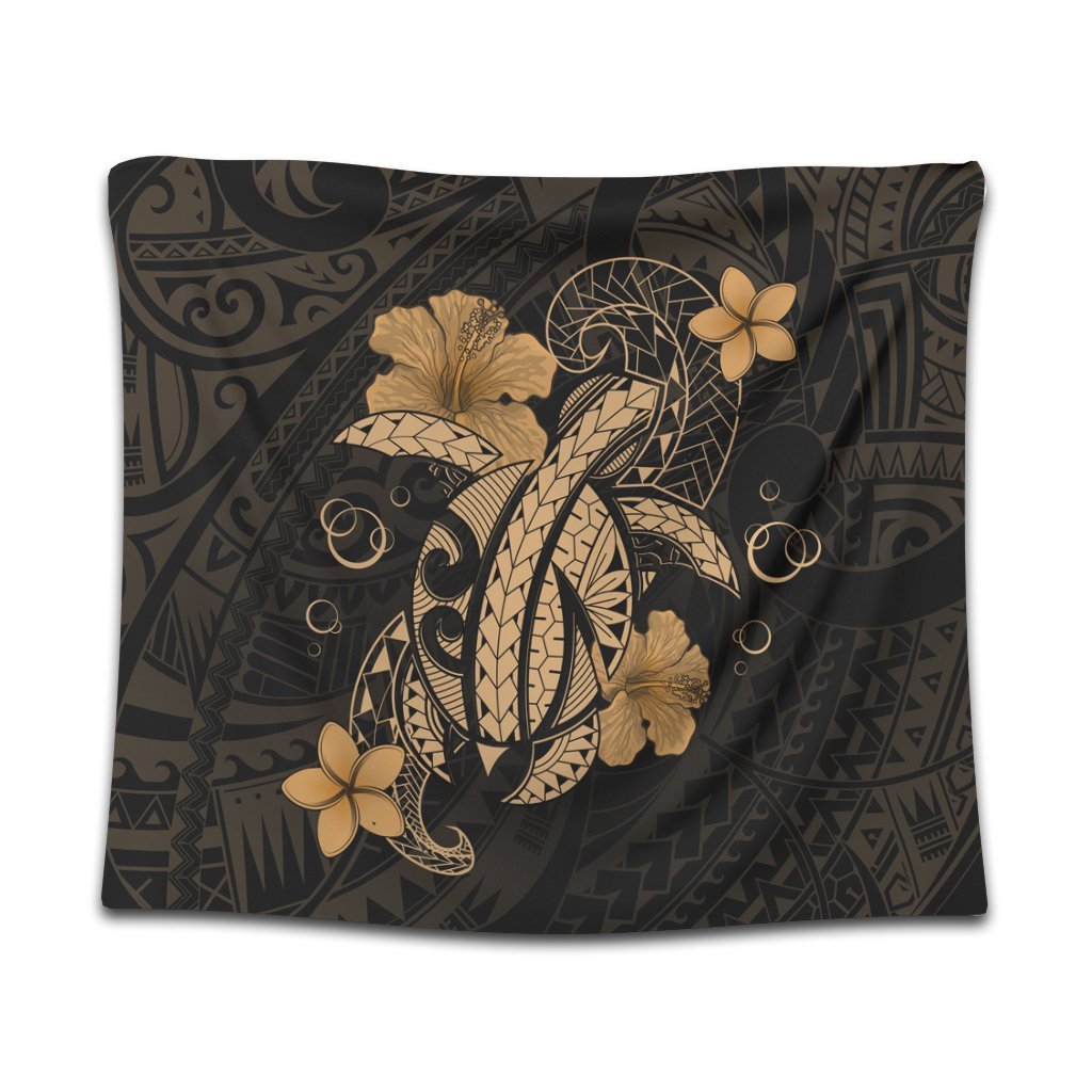 Hawaii Turtle Flower Polynesian Tapestry - Gold - AH Wall Tapestry Black - Polynesian Pride