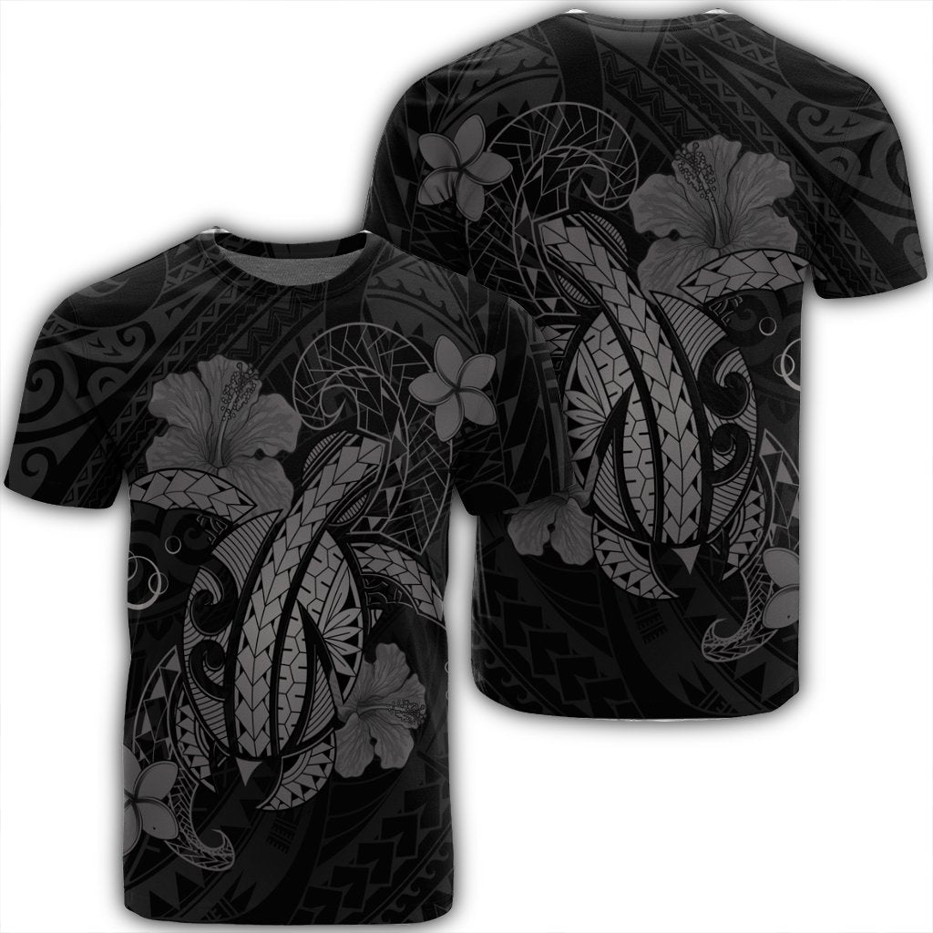 Hawaii Turtle Flower Polynesian T Shirt Gray Unisex Black - Polynesian Pride