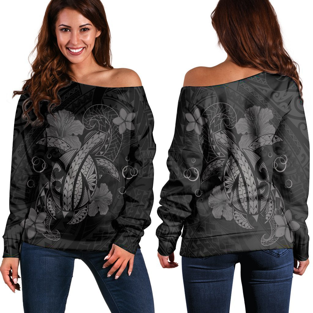 Hawaii Turtle Flower Polynesian Women's Off Shoulder Sweater - Gray - AH Black - Polynesian Pride