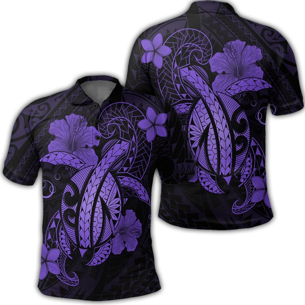 Hawaii Turtle Flower Polynesian Polo Shirt Purple Unisex Black - Polynesian Pride