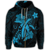 Hawaii Turtle Flower Polynesian Zip Hoodie Turquoise - Polynesian Pride
