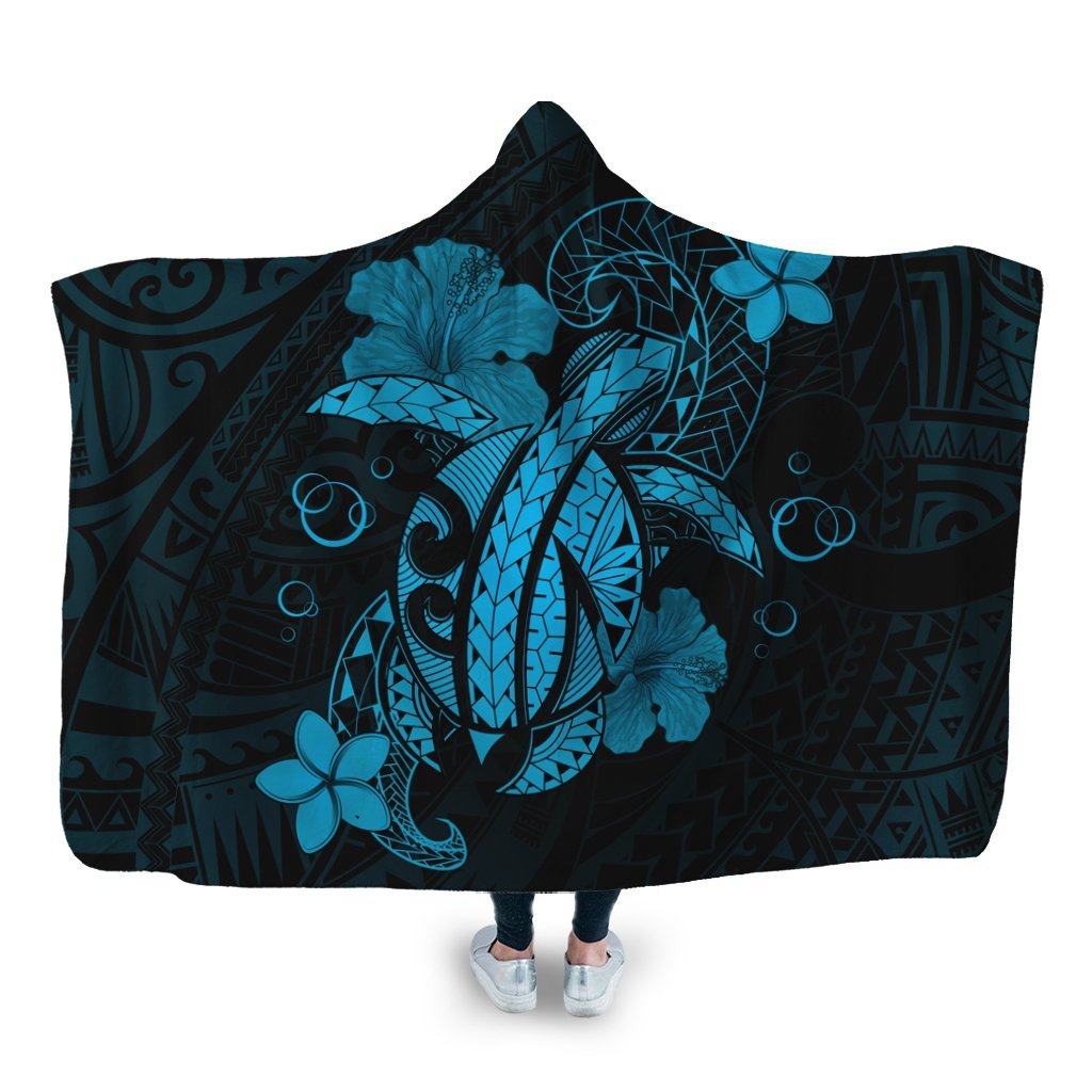 Hawaii Turtle Flower Polynesian Hooded Blanket - Turquoise - AH Hooded Blanket White - Polynesian Pride