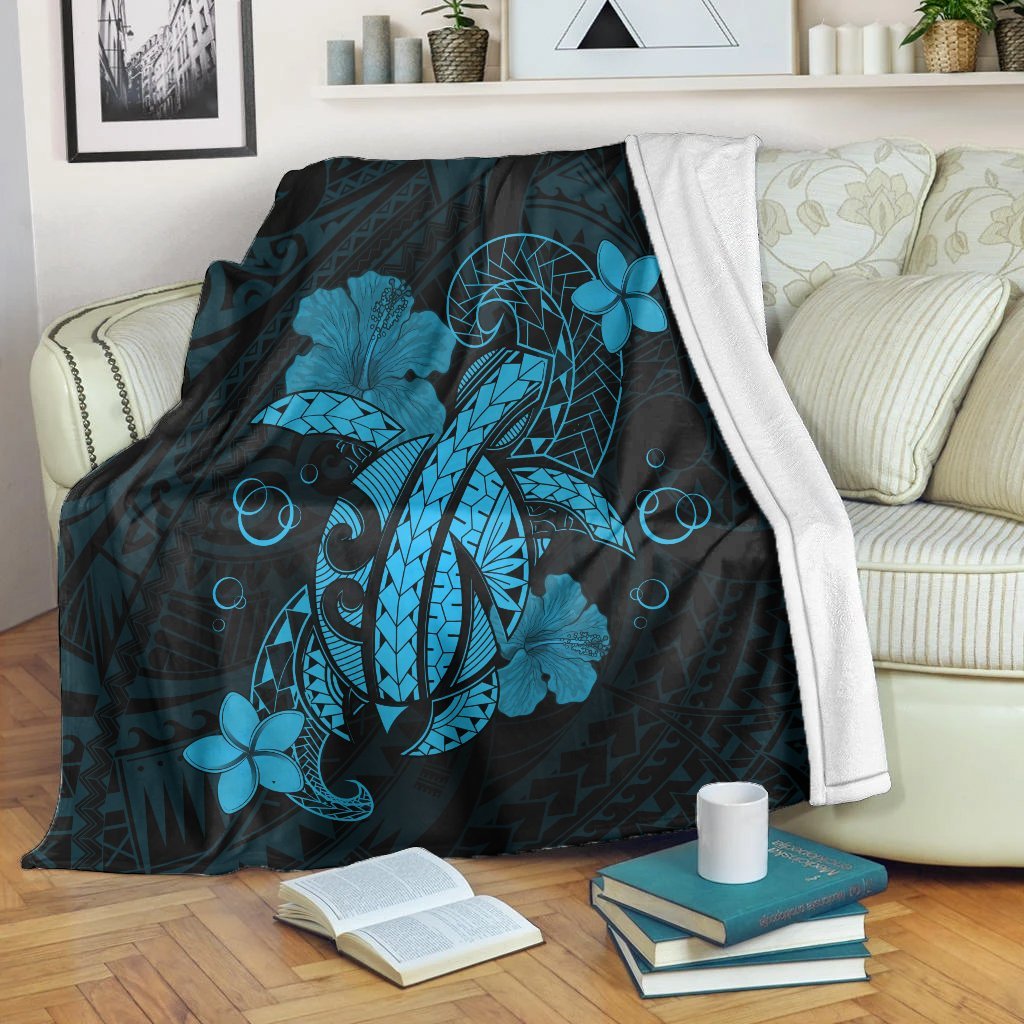 Hawaii Turtle Flower Polynesian Premium Blankets - Turquoise - AH White - Polynesian Pride