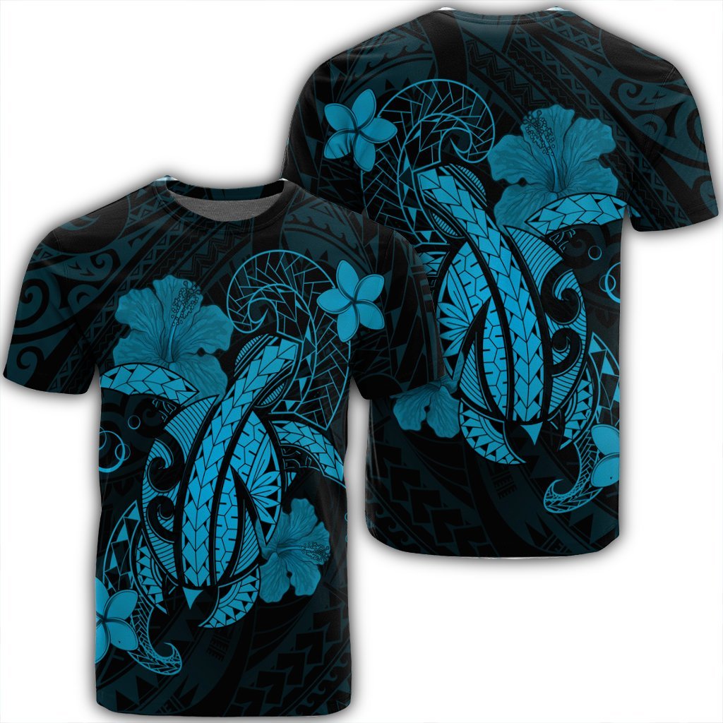 Hawaii Turtle Flower Polynesian T Shirt Turquoise Unisex Black - Polynesian Pride