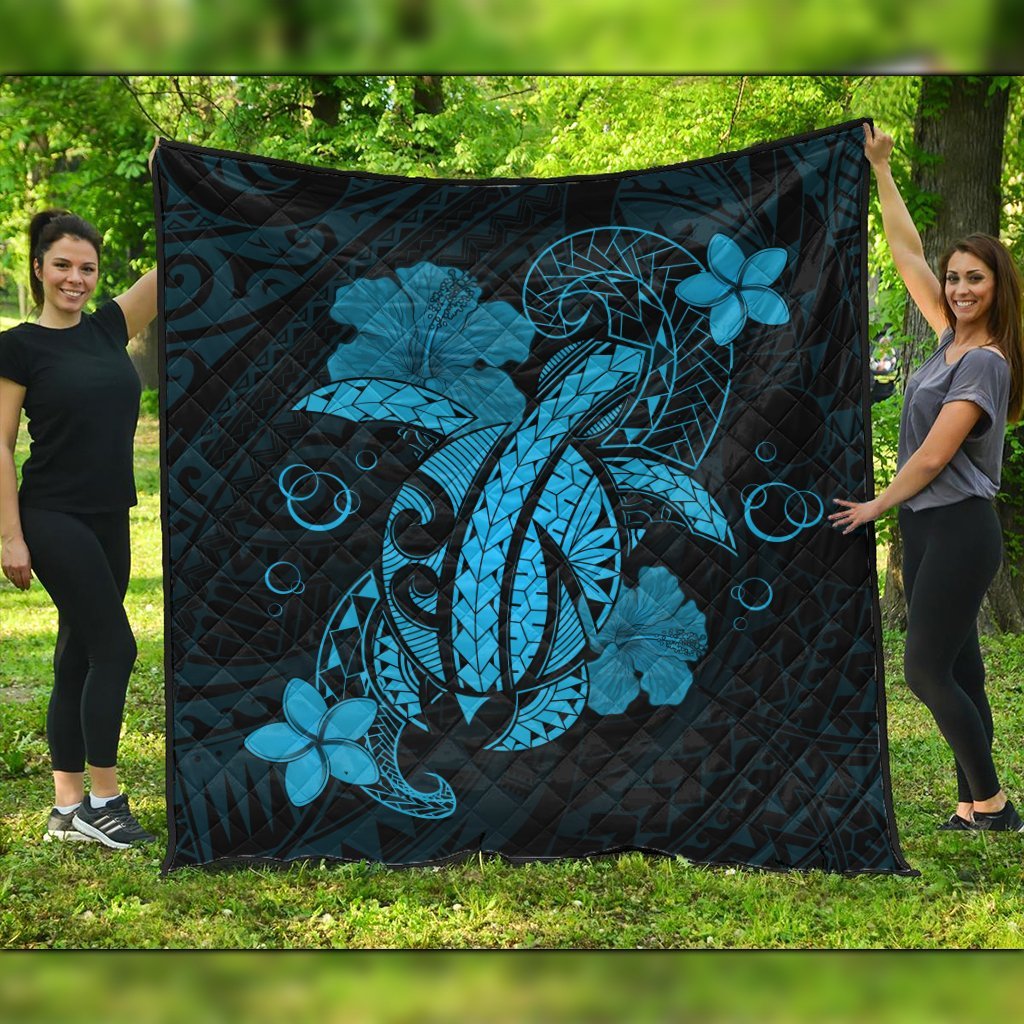 Hawaii Turtle Flower Polynesian Premium Quilts - Turquoise - AH Black - Polynesian Pride