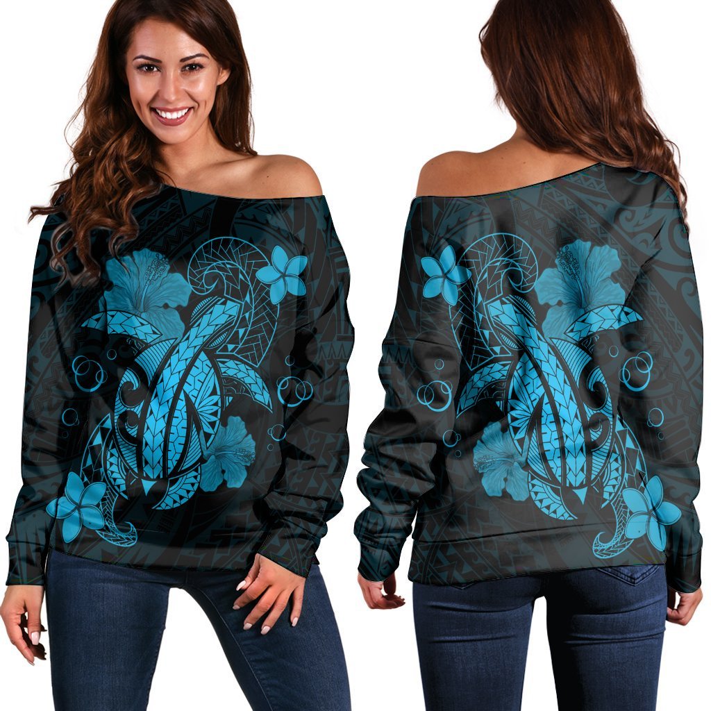 Hawaii Turtle Flower Polynesian Women's Off Shoulder Sweater - Turquoise - AH Black - Polynesian Pride