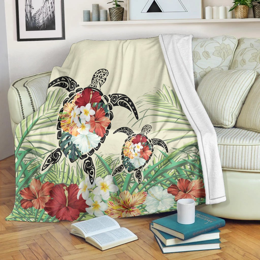 Hawaii Turtle Flowers Coconut Tree Leaf Premium Blankets - AH White - Polynesian Pride