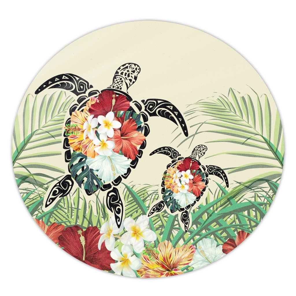 Hawaii Turtle Flowers Coconut Tree Leaf Round Carpet - AH Round Carpet Luxurious Plush - Polynesian Pride