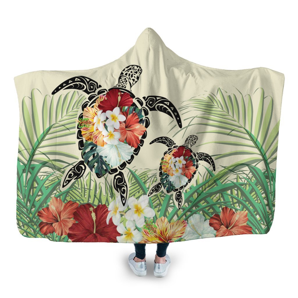 Hawaii Turtle Flowers Coconut Tree Leaf Hooded Blanket - AH Hooded Blanket White - Polynesian Pride