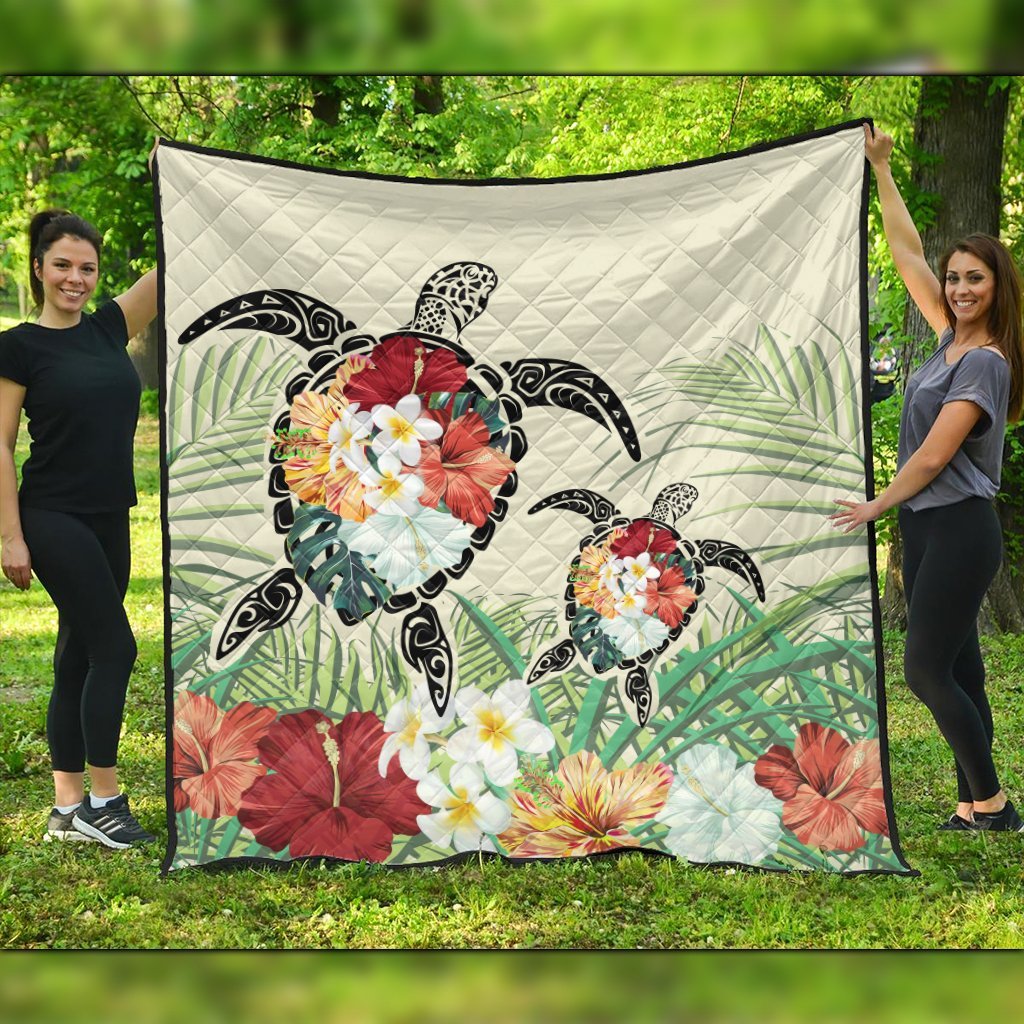 Hawaii Turtle Flowers Coconut Tree Leaf Premium Quilts - AH Black - Polynesian Pride