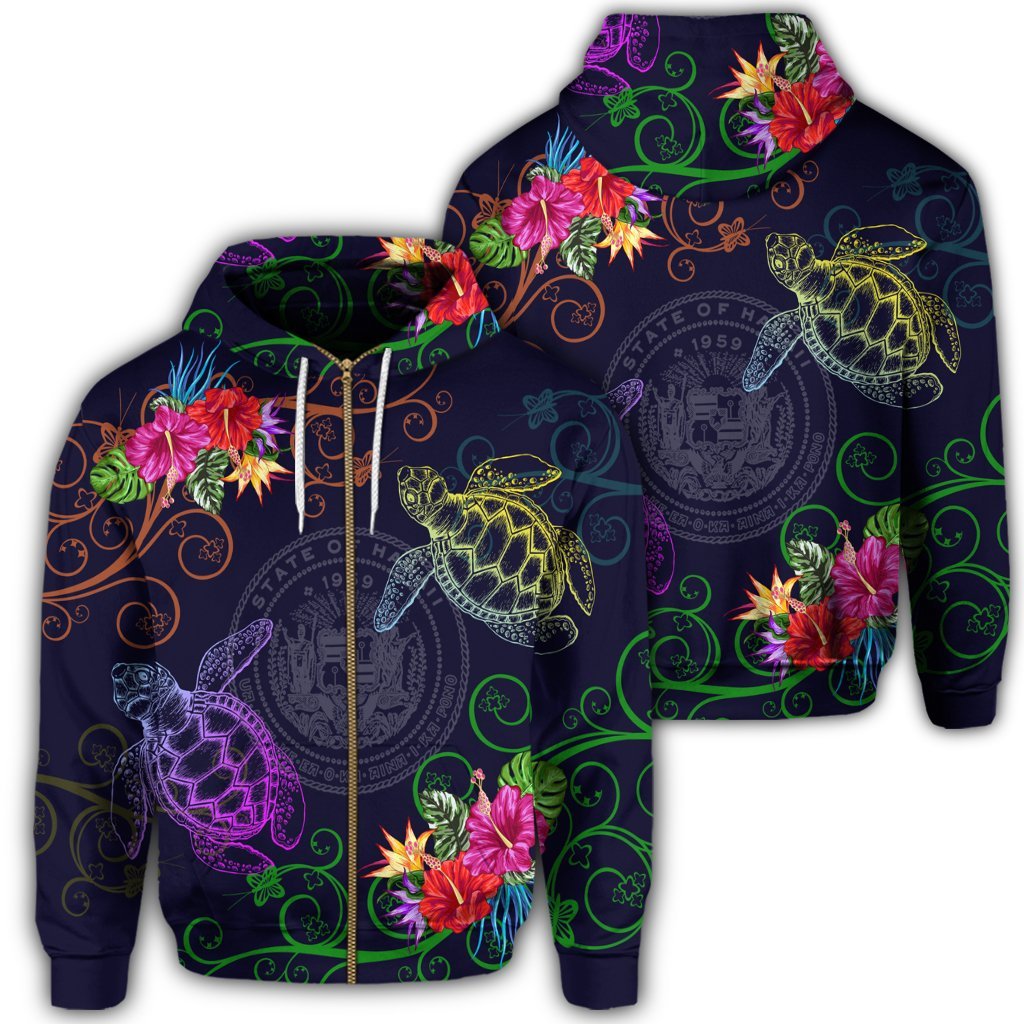 Hawaii Turtle Hibiscus Zip Hoodie Day Style Unisex Art - Polynesian Pride