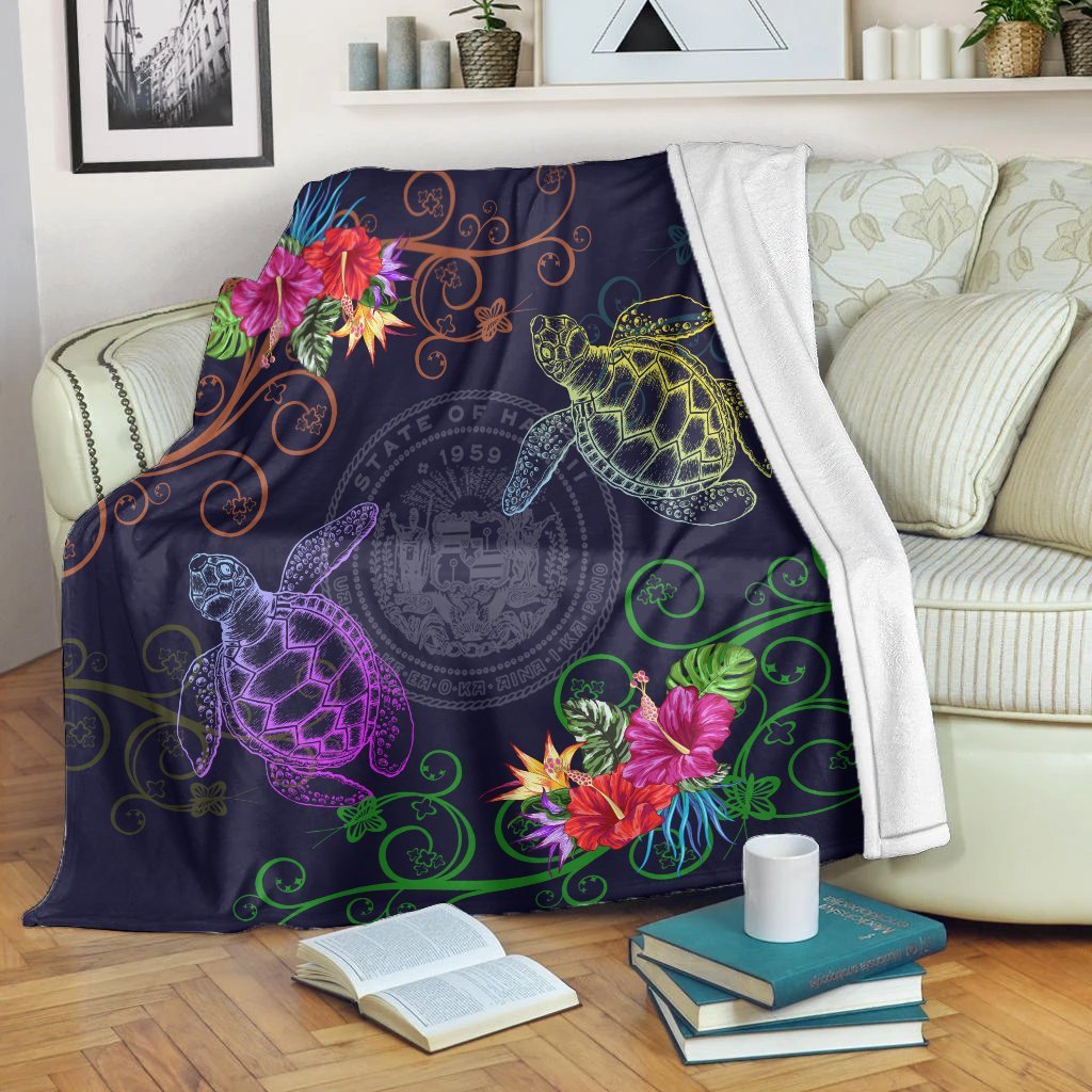 Hawaii Turtle Hibiscus Premium Blankets - Day Style - AH White - Polynesian Pride