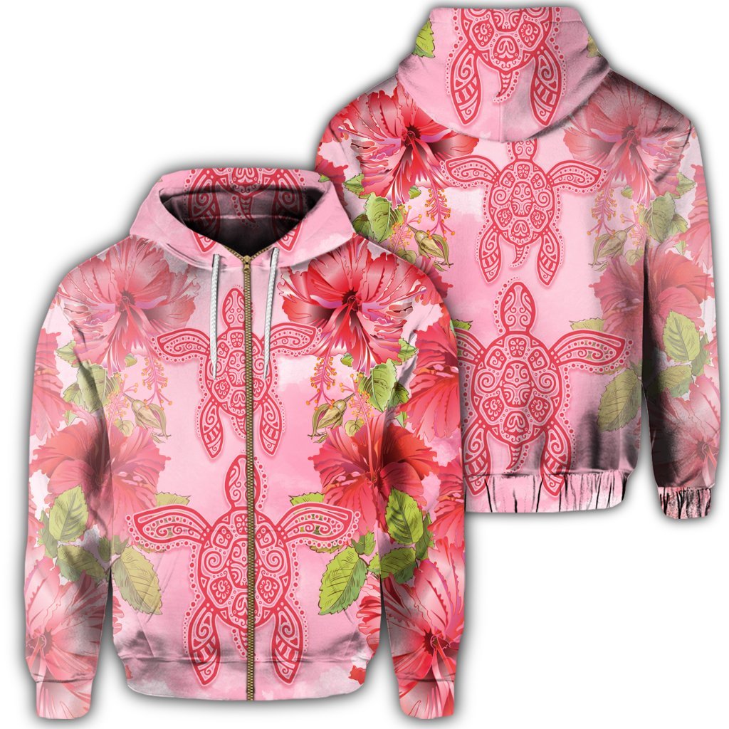 Hawaii Turtle Hibiscus Zip Hoodie Pink Style Unisex Art - Polynesian Pride