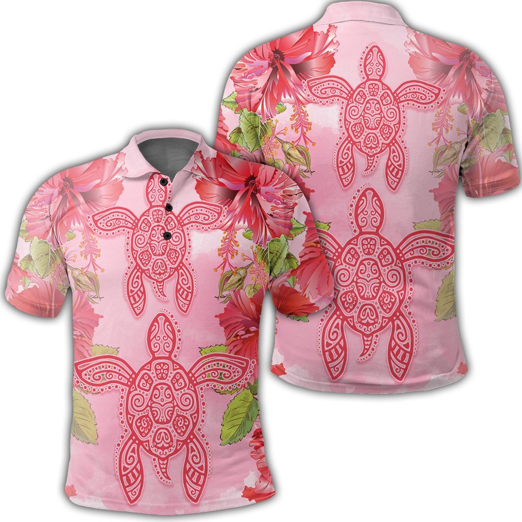 Hawaii Turtle Hibiscus Polo Shirt Pink Style Unisex Black - Polynesian Pride