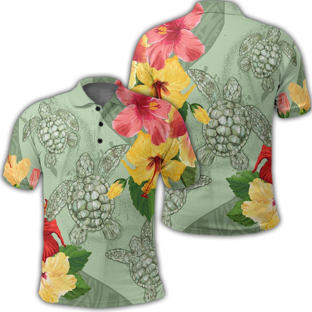 Hawaii Turtle Hibiscus Polo Shirt Tink Style Unisex Black - Polynesian Pride