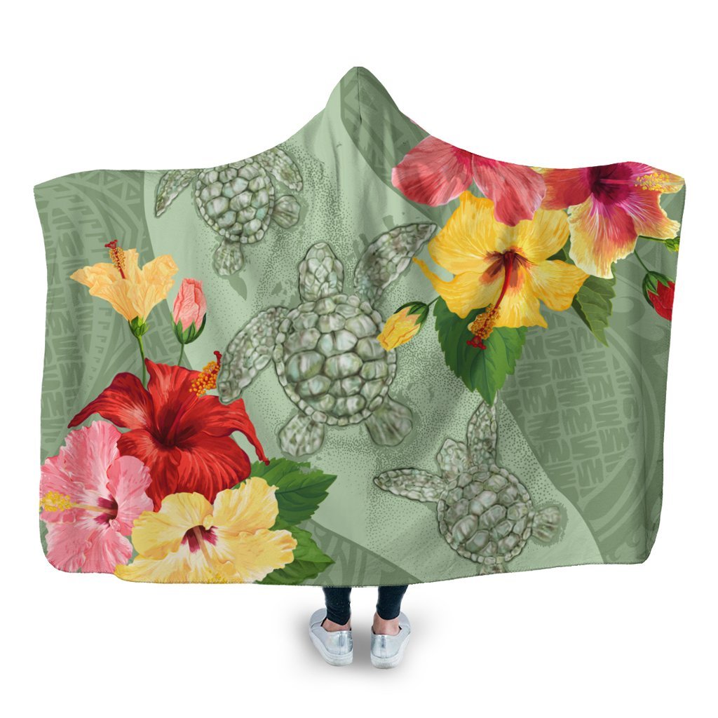 Hawaii Turtle Hibiscus Hooded Blanket - Tink Style - AH Hooded Blanket White - Polynesian Pride