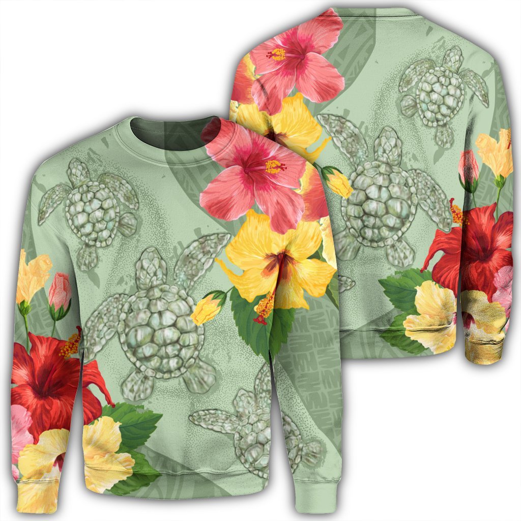 Hawaii Turtle Hibiscus Sweatshirt - Tink Style - AH Unisex Black - Polynesian Pride