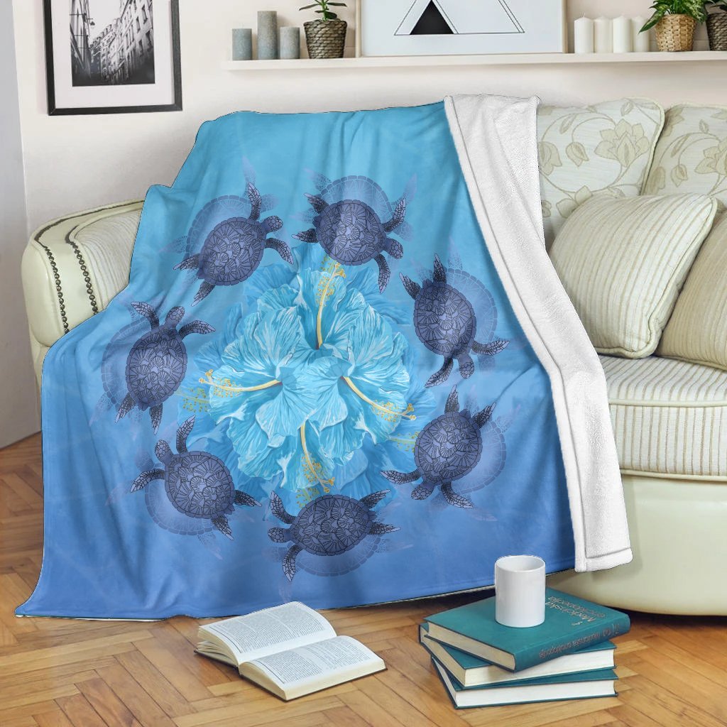 Hawaii Turtle Hibiscus Blue Premium Blankets - AH White - Polynesian Pride