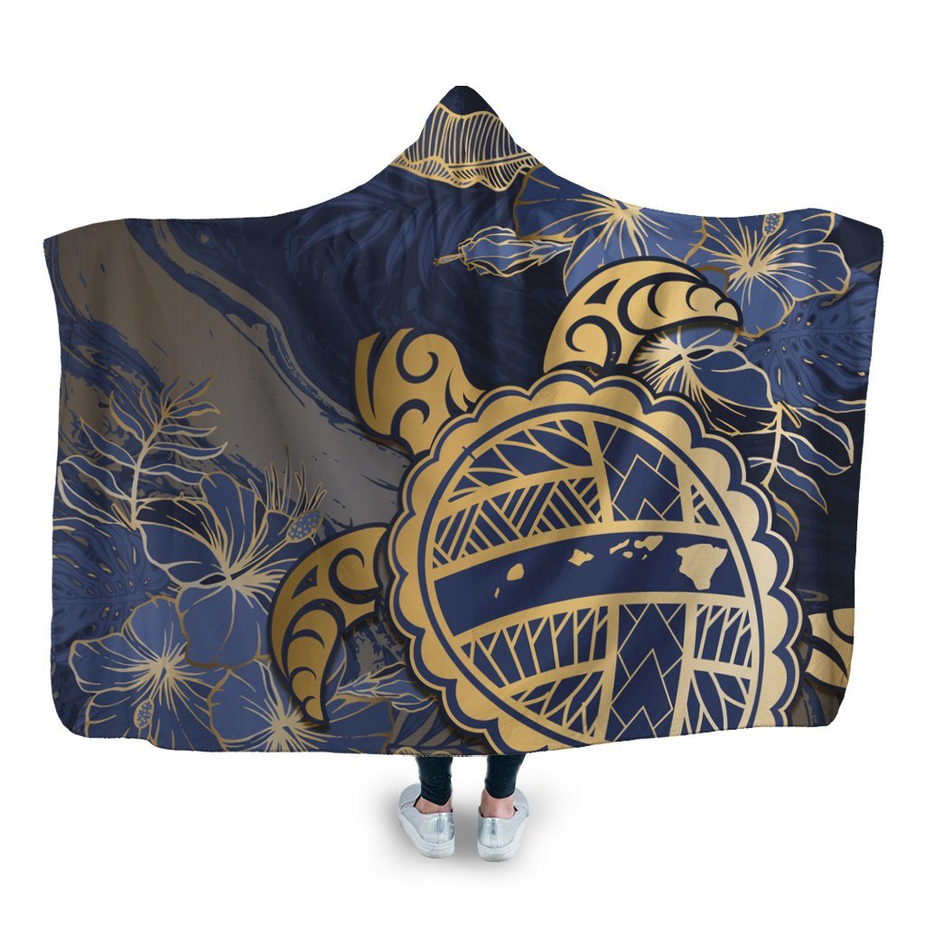 Hawaii Turtle Hibiscus Gold Hooded Blanket - Kyn Style - AH Hooded Blanket White - Polynesian Pride