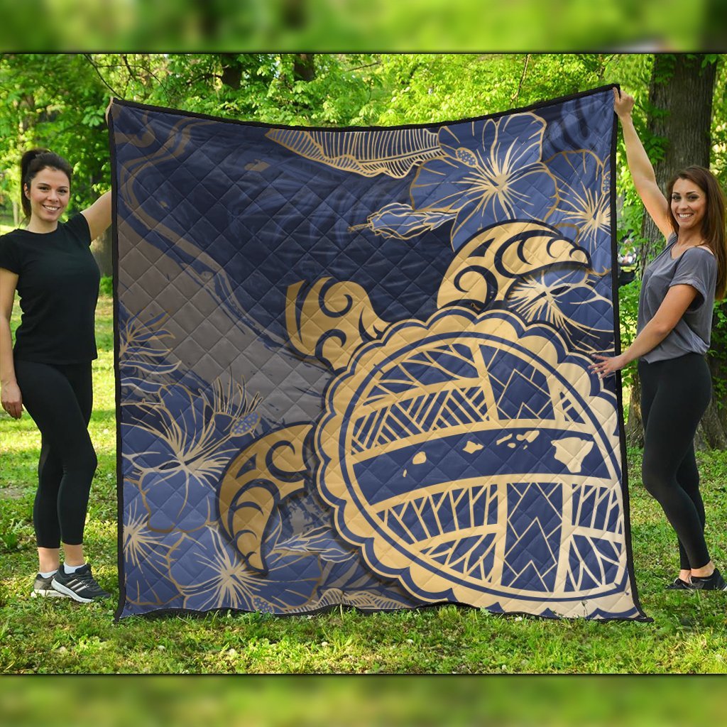 Hawaii Turtle Hibiscus Gold Premium Quilts - Kyn Style - AH Black - Polynesian Pride