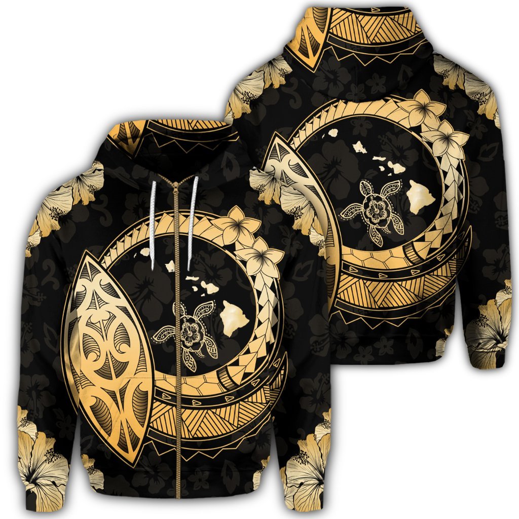Hawaii Turtle Hibiscus Map Polynesian Zip Hoodie Unisex Art - Polynesian Pride