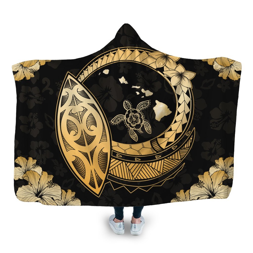 Hawaii Turtle Hibiscus Map Polynesian Hooded Blanket - AH Hooded Blanket White - Polynesian Pride