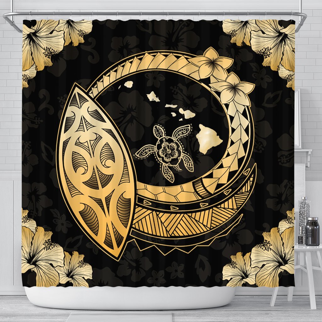 Hawaii Turtle Hibiscus Map Polynesian Shower Curtain - AH 177 x 172 (cm) Black - Polynesian Pride